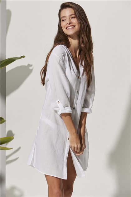 Kapüşonlu Uzun Beyaz Kadın Gömlek