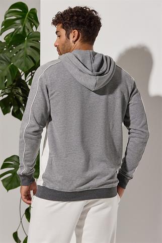 Kapüşonlu, Gri Melanj Garnili Sweatshirt