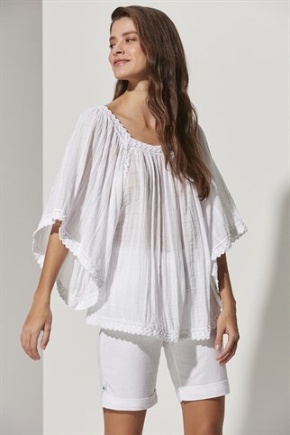 Square Neck Wide Sleeve Lace Womens Blouse