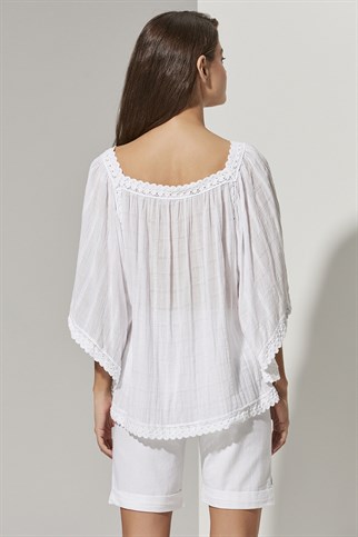 Square Neck Wide Sleeve Lace Womens Blouse