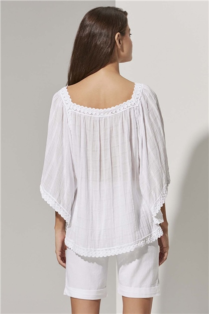 Square Collar, Wide Sleeve Lace Blouse