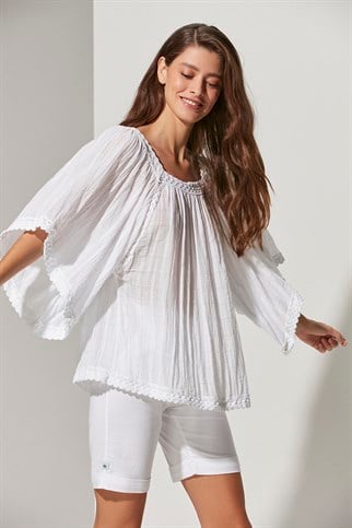 Square Neck Wide Sleeve Lace Womens Blouse