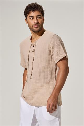 Kısa Kol Zımbalı Bej Erkek T-Shirt
