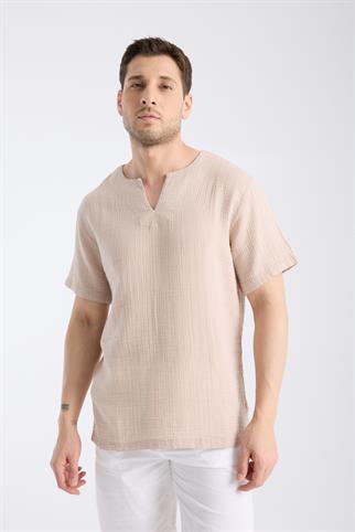Kısa Kollu Bisiklet Yaka BejTShirt