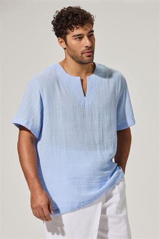 Kısa Kollu Bisiklet Yaka Mavi T-Shirt