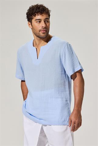 Kısa Kollu Bisiklet Yaka Mavi T-Shirt