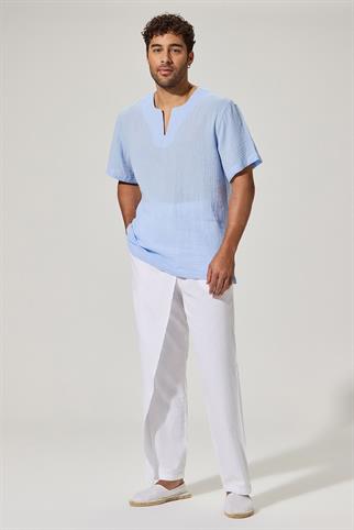 Kısa Kollu Bisiklet Yaka Mavi T-Shirt