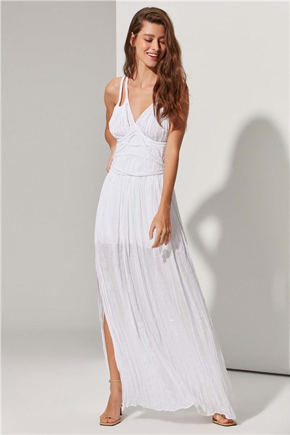 Korsajlı Saç Örgü Beyaz Elbise