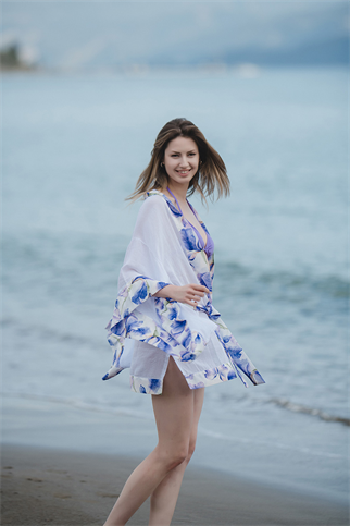 Lila Kısa Beyaz Kimono