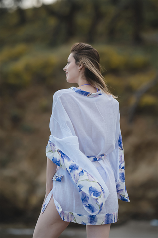 Lila Kısa Beyaz Kimono