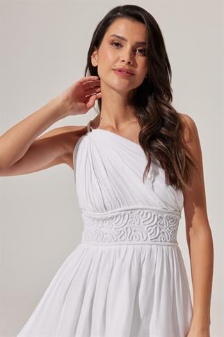 Tek Omuz, Korsajı Süzene İşli Mini Elbise