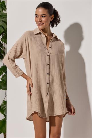 Uzun Kol Muslin Bej Kadın Gömlek