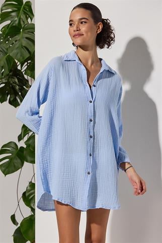 Uzun Kol Muslin Mavi Kadın Gömlek
