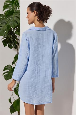 Uzun Kol Muslin Mavi Kadın Gömlek