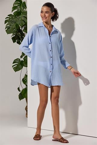 Uzun Kol Muslin Mavi Kadın Gömlek