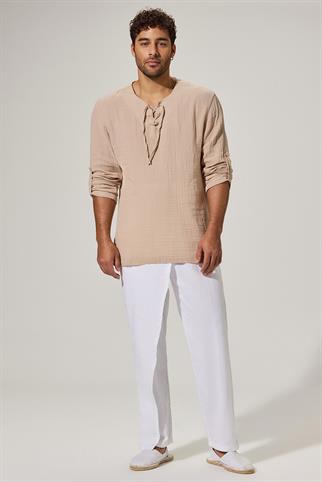 Uzun Kol Zımbalı Bej Erkek T-Shirt