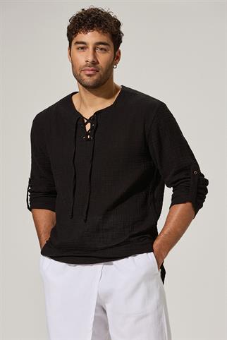 Uzun Kol Zımbalı Siyah Erkek T-Shirt