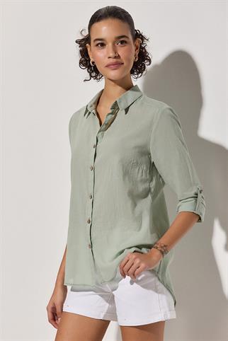 Uzun Kollu Klasik Yeşil Kadın Gömlek