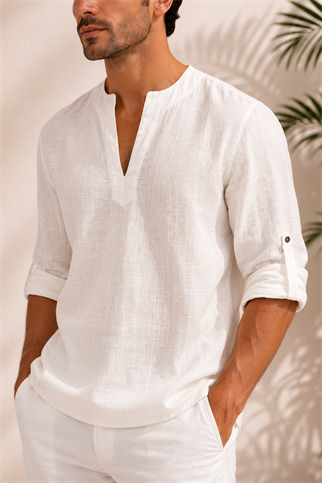 V Yaka Beyaz Keten T-Shirt