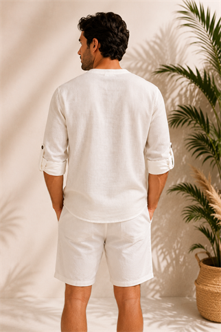 V Yaka Beyaz Keten T-Shirt