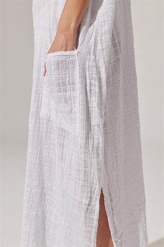 V Yaka Cepli Uzun Beyaz Elbise