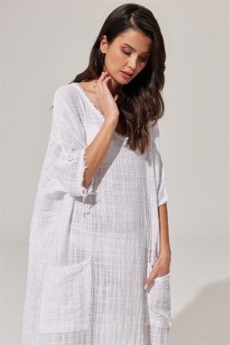 V Yaka Cepli Uzun Beyaz Elbise