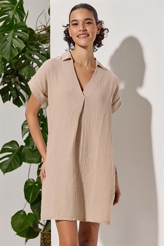 V Yaka Plikaşe Bej Elbise