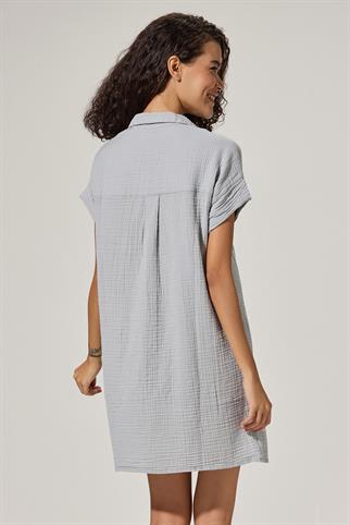 V Yaka Plikaşe Gri Elbise