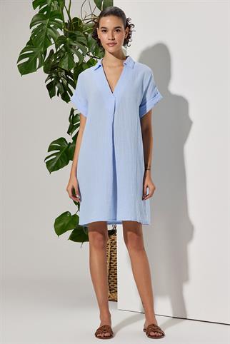 V Yaka Plikaşe Mavi Elbise