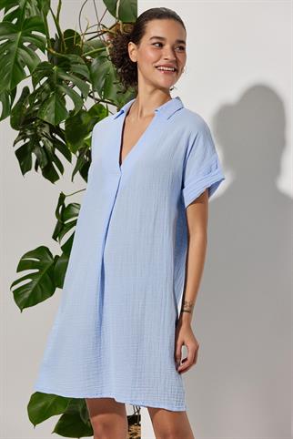 V Yaka Plikaşe Mavi Elbise