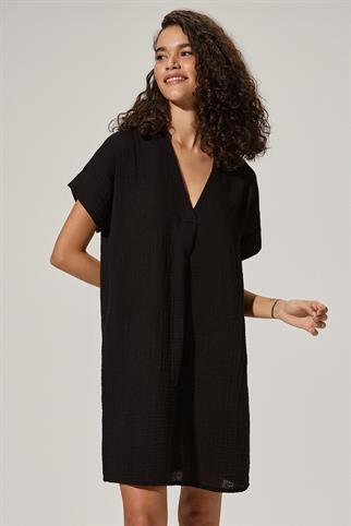 V Neck Pleated Black Dress