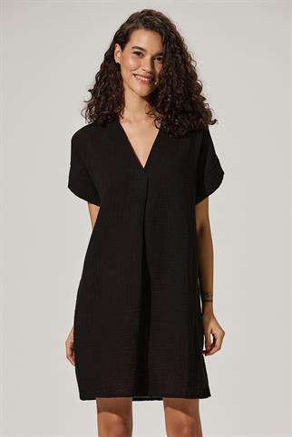 V Neck Pleated Black Dress