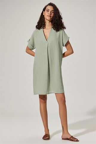 V Neck Pleated Green Dress