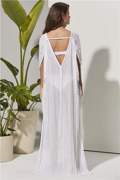 V Yaka Saç Örgülü Beyaz Kimono