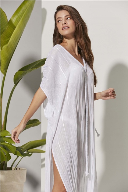 V Yaka Saç Örgülü Beyaz Kimono