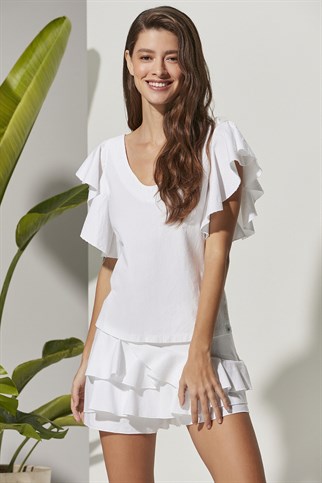 V Yaka Volanlı Beyaz Kadın Bluz