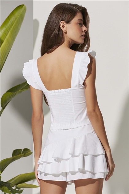 Volanlı Kısa Beyaz Bluz