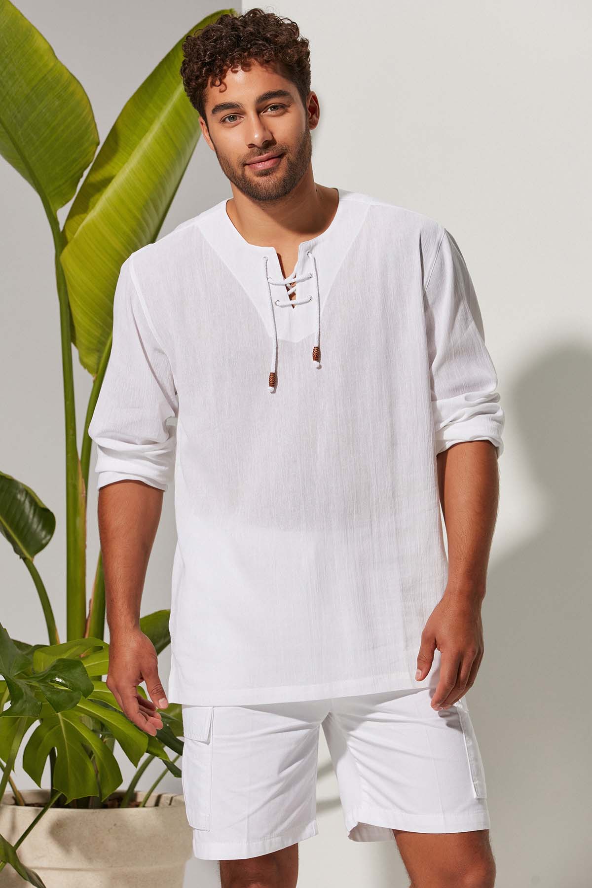 White by Nature - Uzun Kol Zımbalı Şile Bezi Erkek T-Shirt