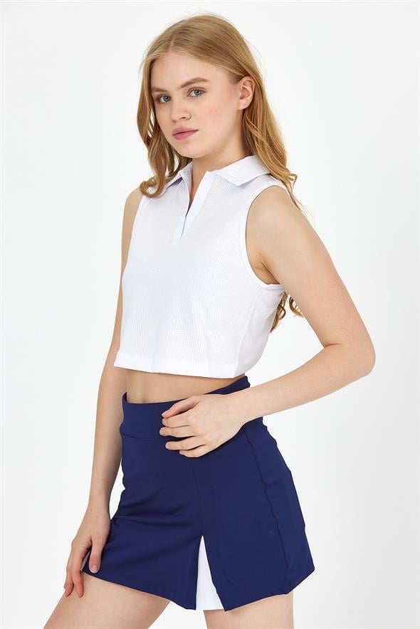 GRAB Polo Yaka Lazerli Beyaz Crop T-shirt