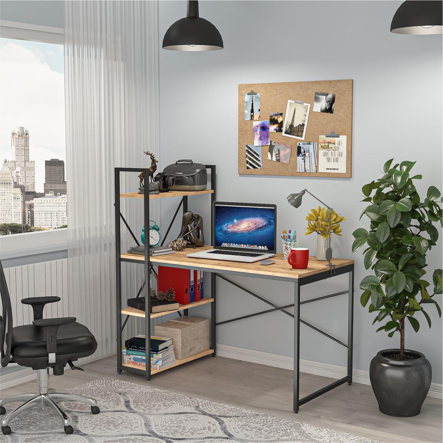 Dekorex CLM108-Ceviz Metal Kitaplıklı Çalışma Masası