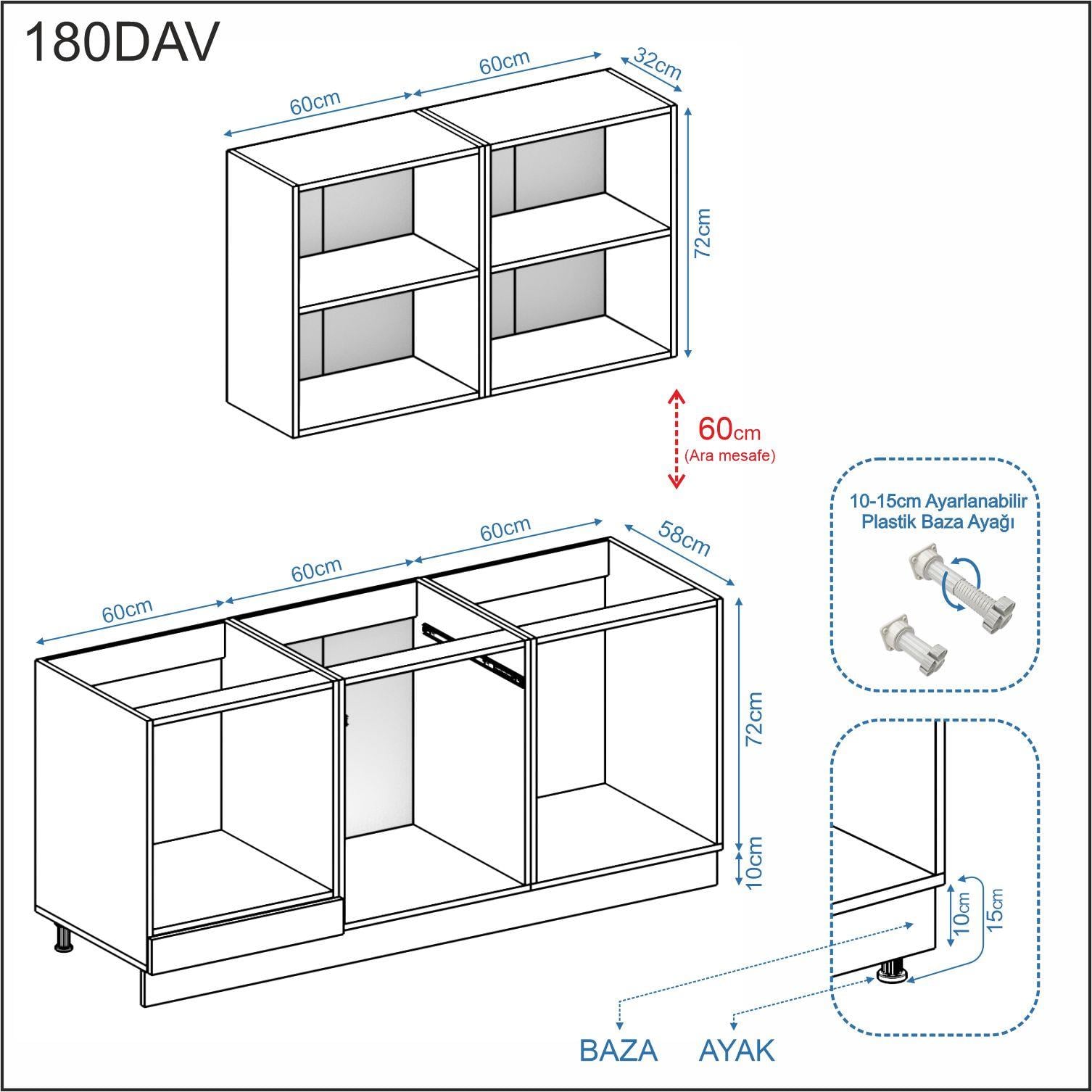 Dekorex Alba Serisi 180 Cm. Fırın Modüllü Hazır Mutfak AL-180DAV