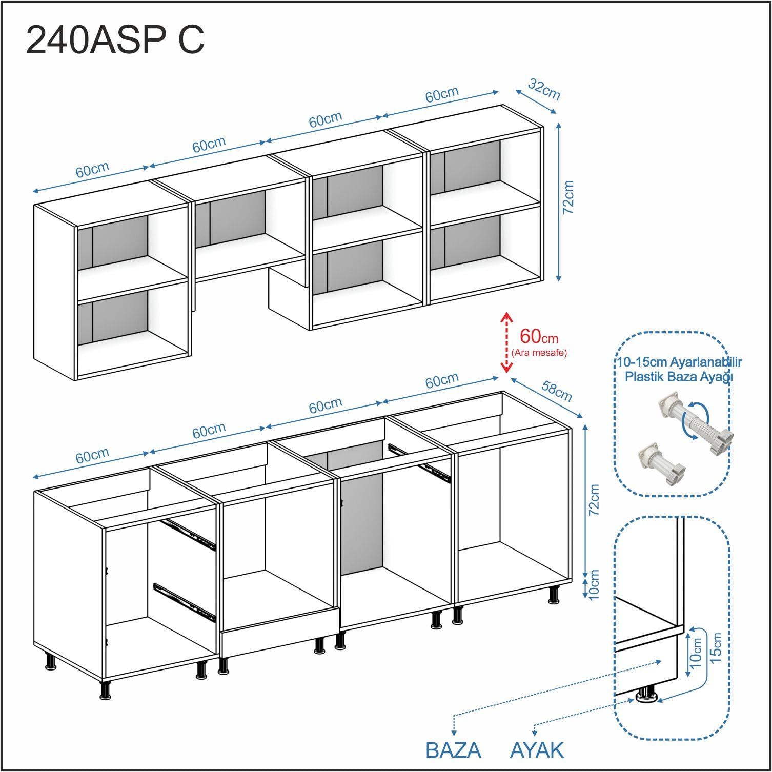 Dekorex Alba Serisi 240 Cm Aspiratör Fırın Ve Çekmece Modüllü Hazır Mutfak Al-240asp-c