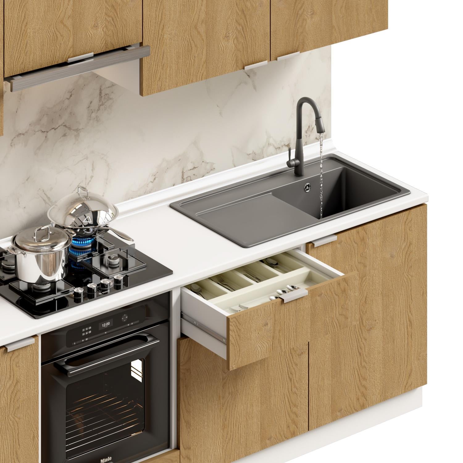 Dekorex Alba Serisi 240 Cm Aspiratör Fırın Ve Çekmece Modüllü Hazır Mutfak Al-240asp-c