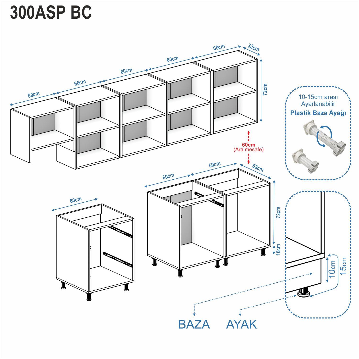 Dekorex Alba Serisi 300 Cm Aspiratör Ve Çekmece Modüllü Hazır Mutfak Al-300asp-bc