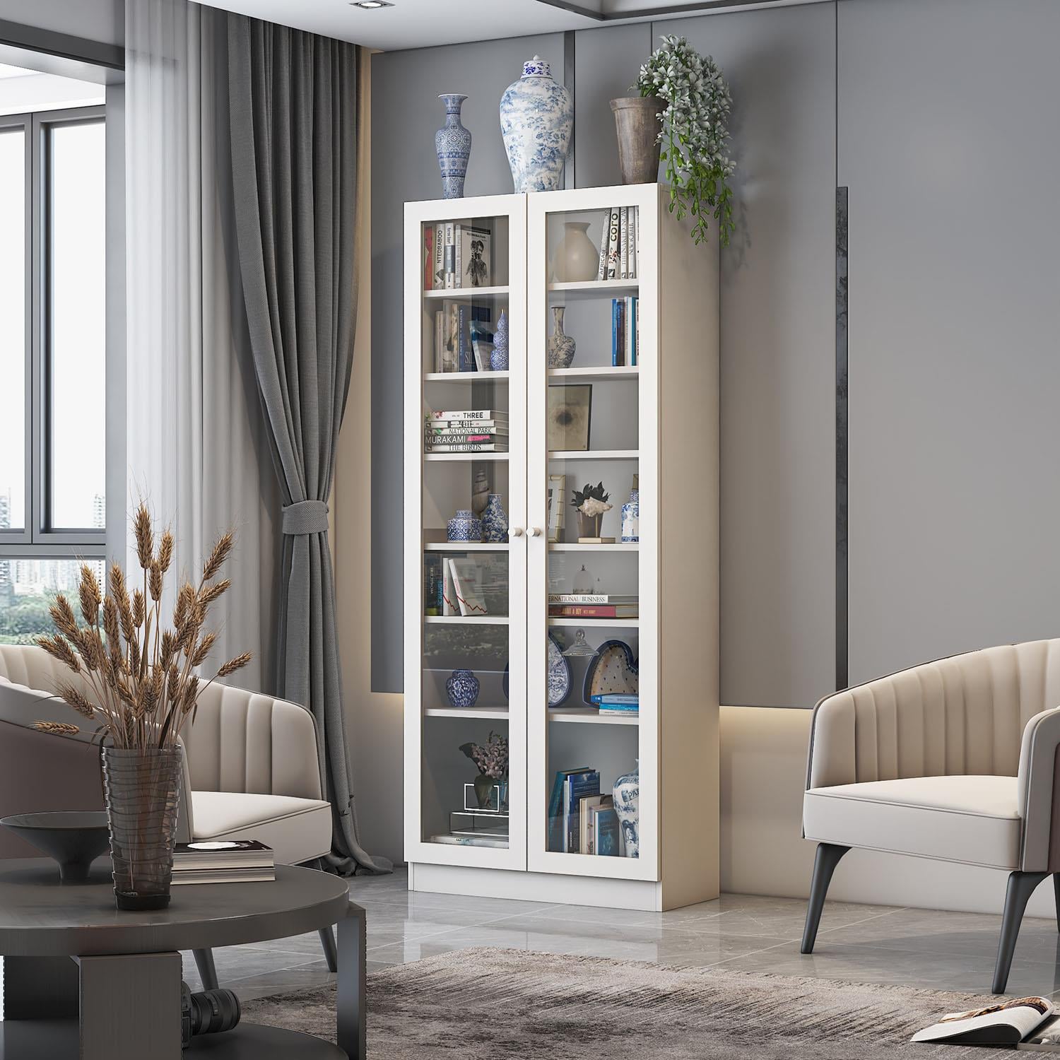 Dekorex BFE211-Beyaz 2 Cam Kapaklı Yüksek Büfe