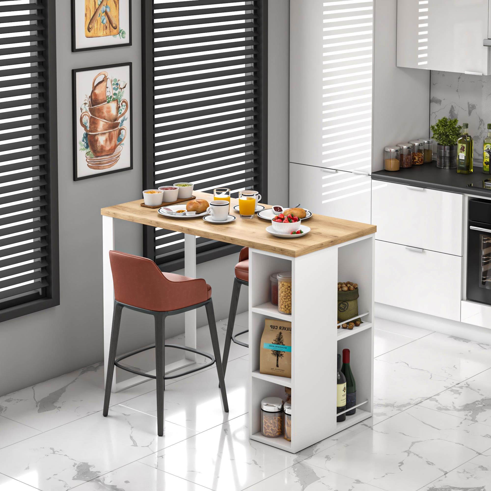 Dekorex Bistro Serisi Yüksek Mutfak Masası Beyaz-Meşe