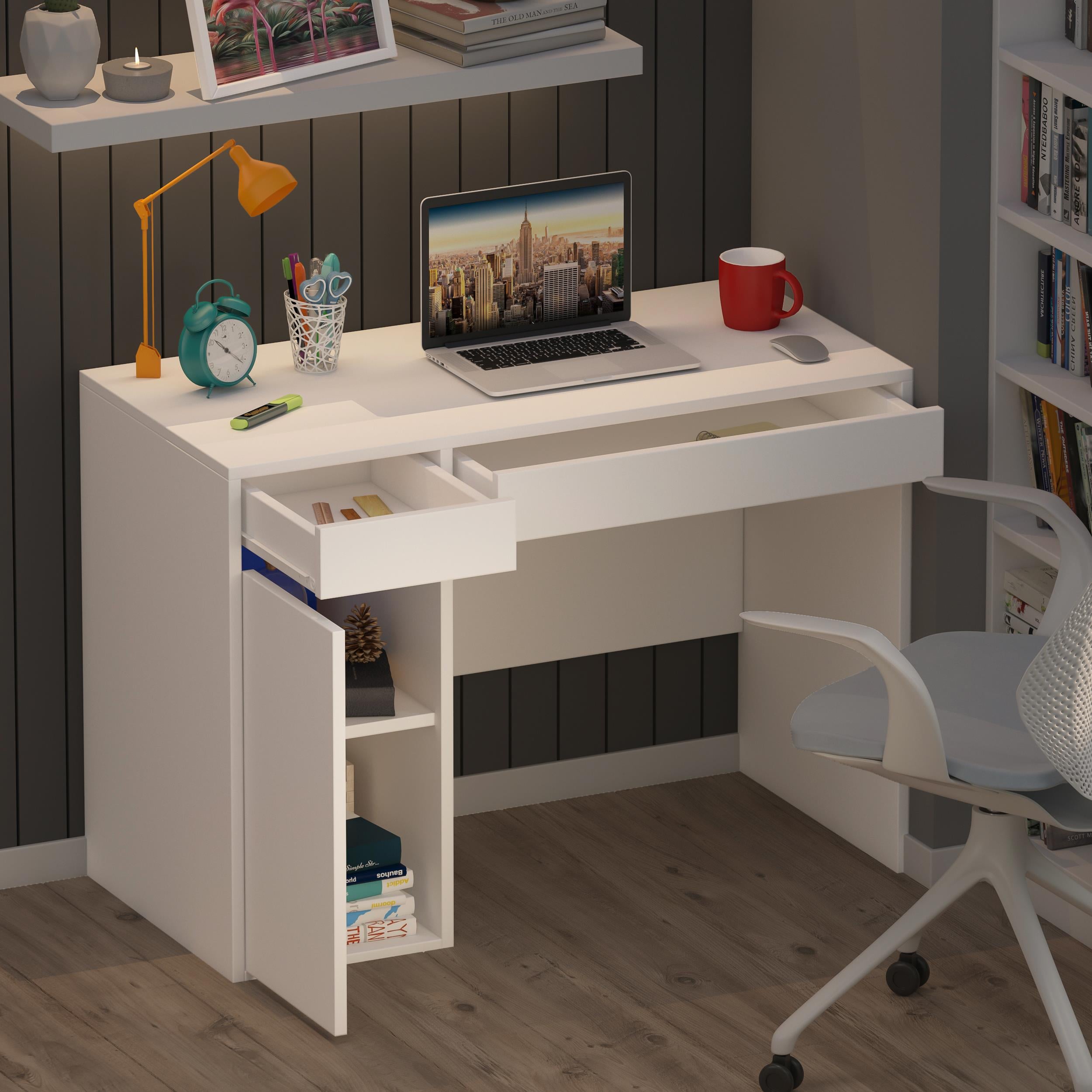 Dekorex CLM107-Beyaz Kapaklı Çekmeceli Çalışma Masası