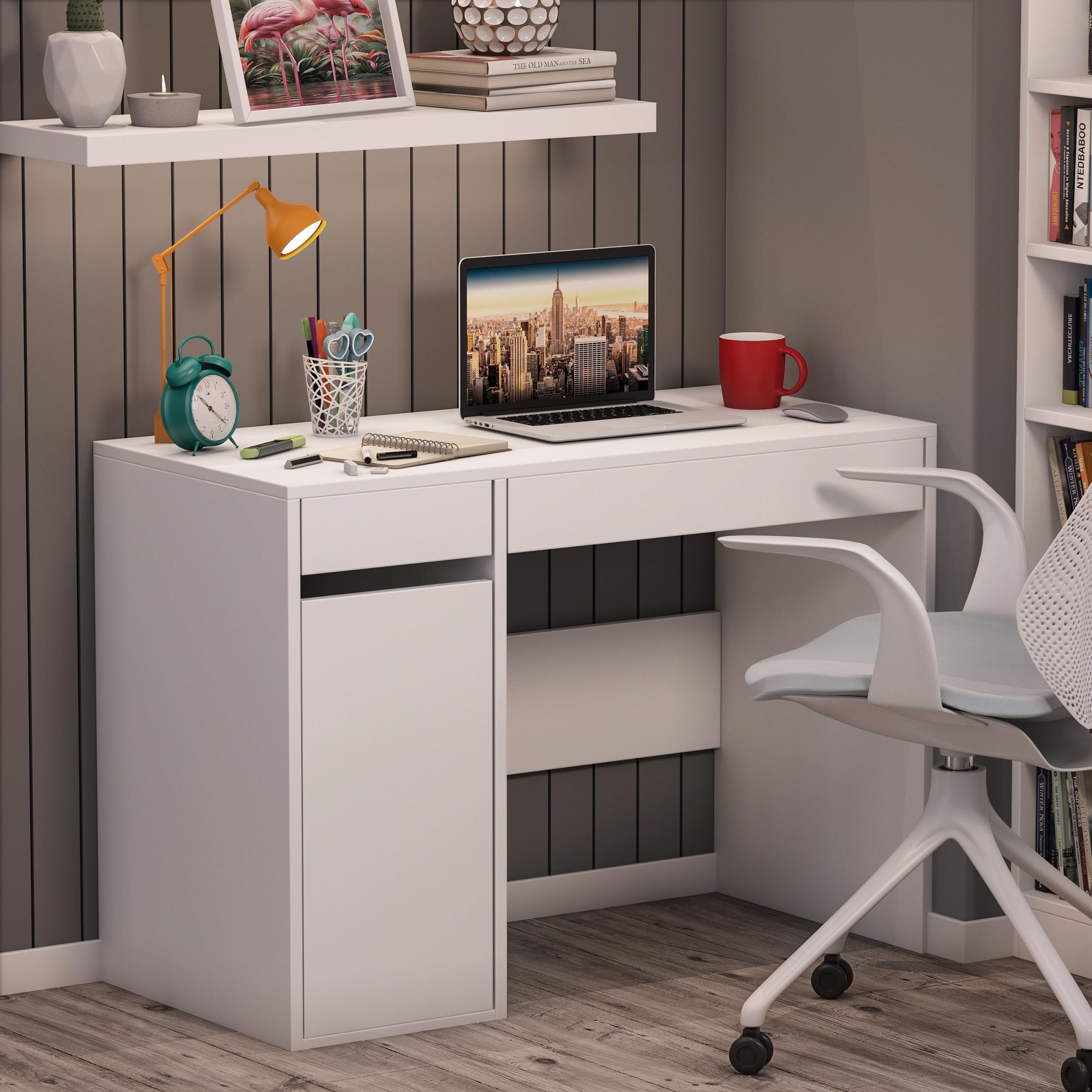 Dekorex CLM107-Beyaz Kapaklı Çekmeceli Çalışma Masası