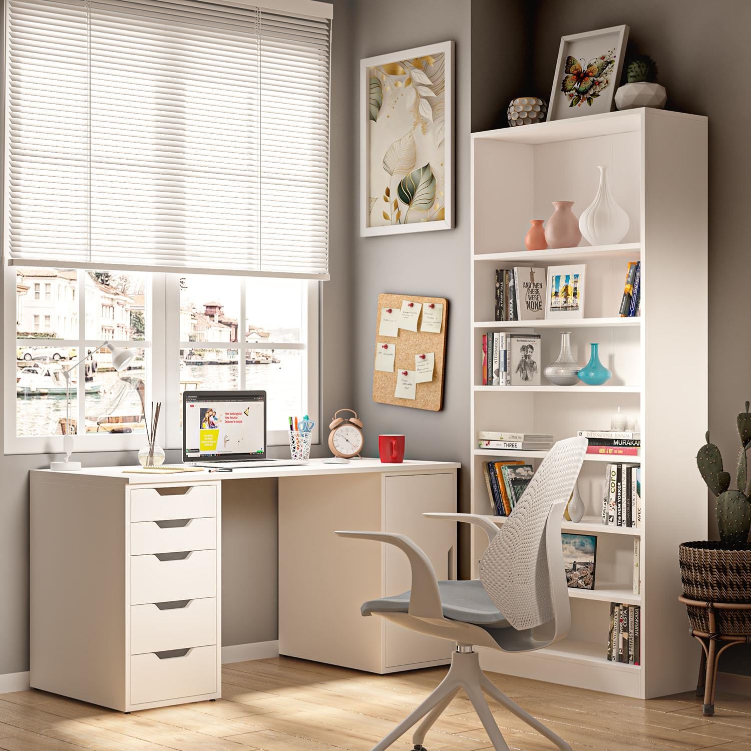 Dekorex CLM112-Beyaz 5 Çekmeceli ve Kapaklı Çalışma Masası