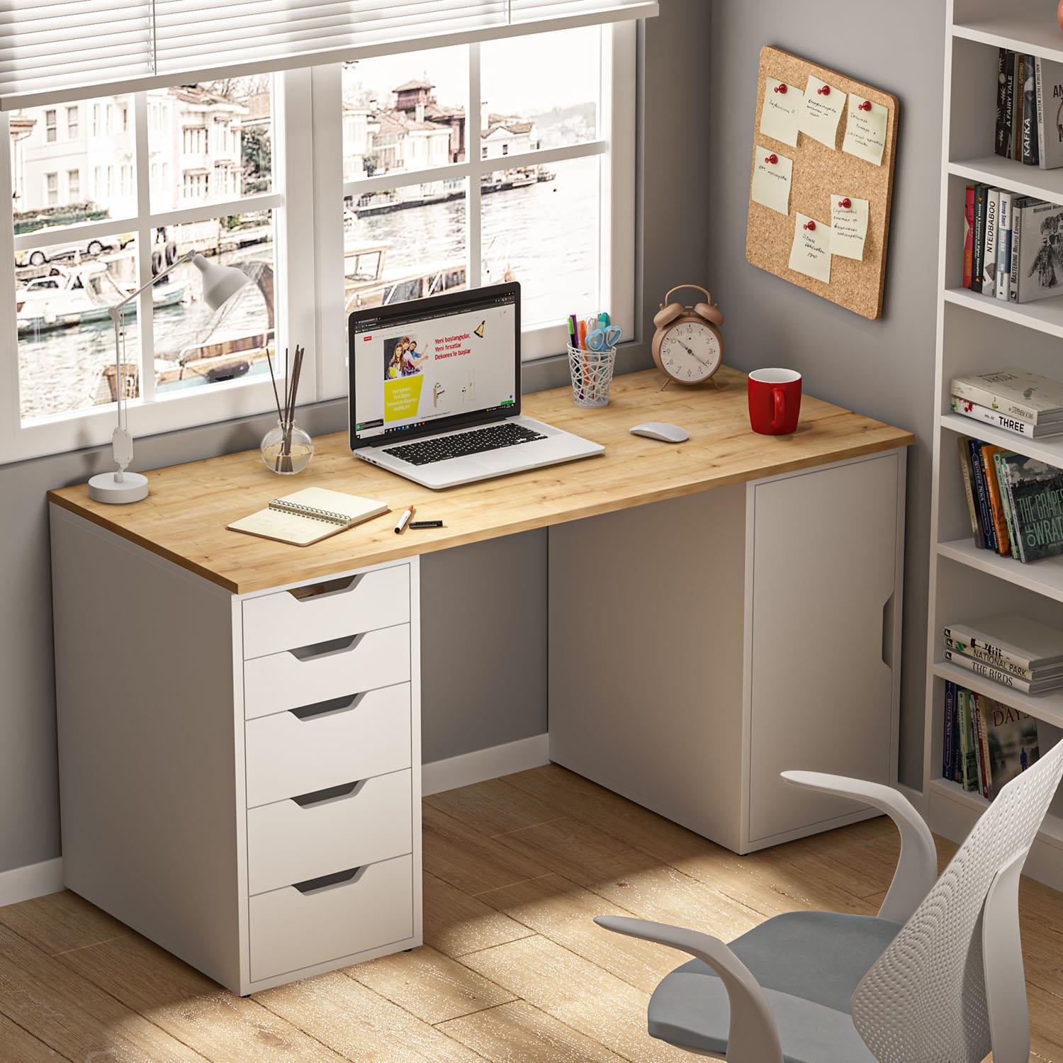 Dekorex CLM112-Meşe 5 Çekmeceli ve Kapaklı Çalışma Masası